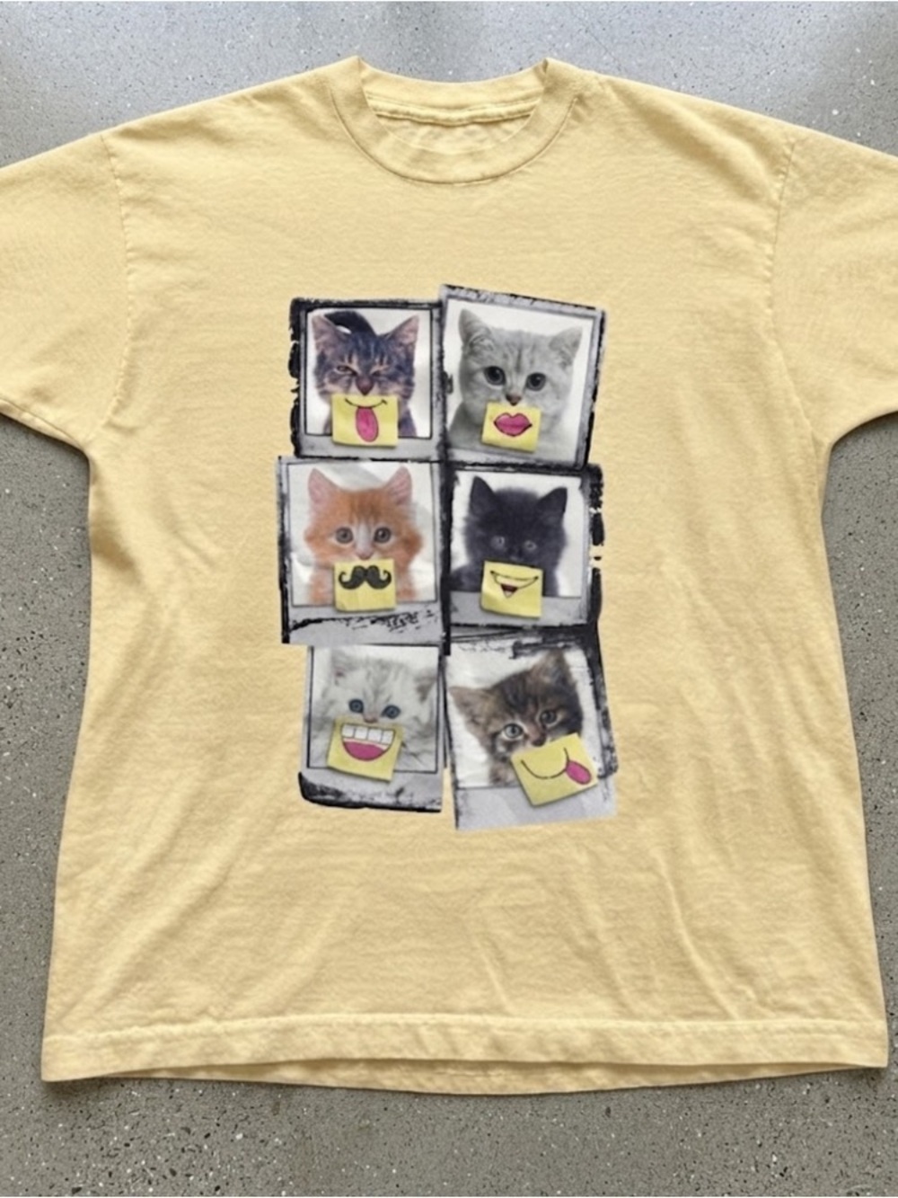 Yellow Short Sleeve Tee with Playful Cat Photo Collage